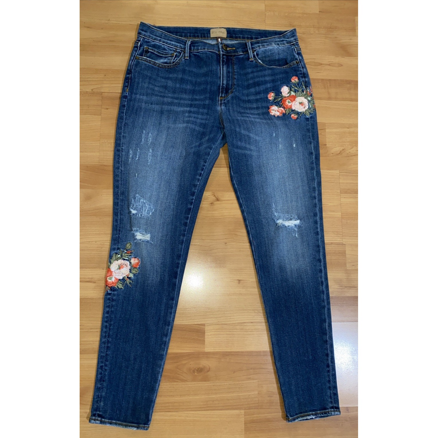 Driftwood Beau Ankle Jeans Womens 29 Blue Floral Embroidered Distressed Boho